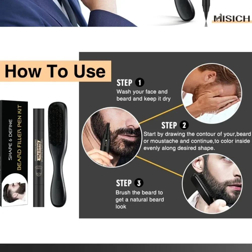 New Misich Men's Beard Pen Brush Grooming Set Black